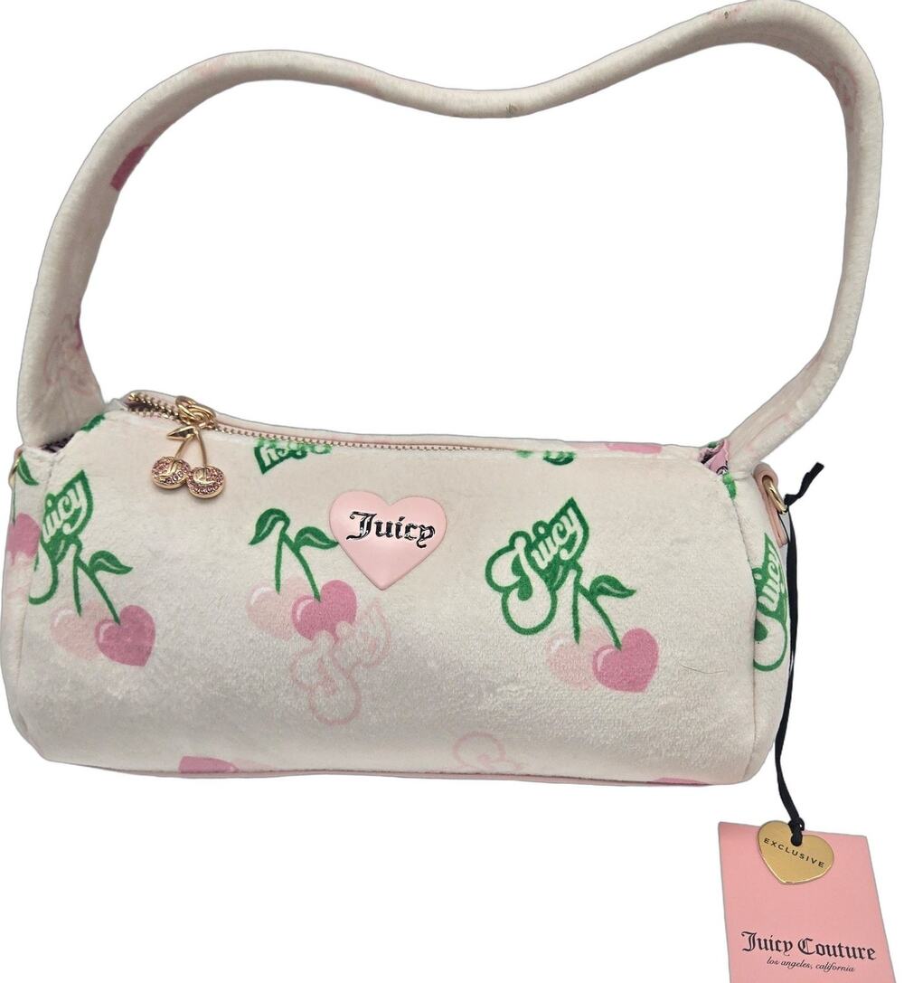 Juicy Couture Retro Cherry Hand Bag Cream VELVET Small NEW MSRP$69 COQUETTE